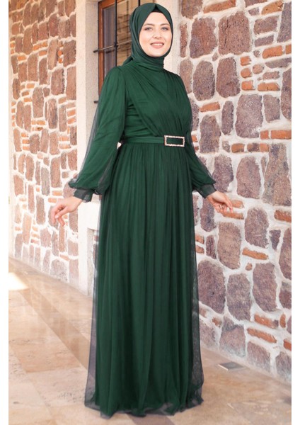 Kemer Detaylı Tül Abiye Elbise Zümrüt FHM777 fiyatları