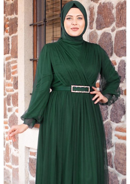 Kemer Detaylı Tül Abiye Elbise Zümrüt FHM777 modelleri