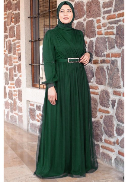 Kemer Detaylı Tül Abiye Elbise Zümrüt FHM777 fırsatları