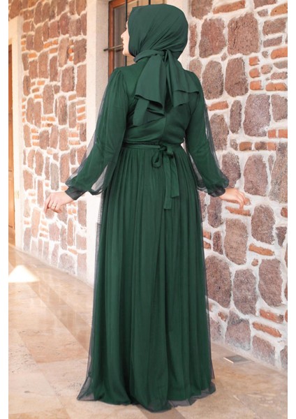 Kemer Detaylı Tül Abiye Elbise Zümrüt FHM777 indirimleri