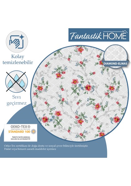 Elyaf Astarlı Pvc Masa Örtüsü Silinebilir Sıvı Geçirmez Leke Tutmaz Çiçekli Baklava Desenli Beyaz modelleri