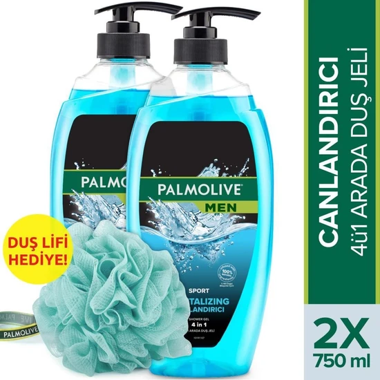 Palmolive Men Sport 4ü1 Arada Canlandırıcı Duş Jeli 750 ml x 2 Adet + Duş Lifi