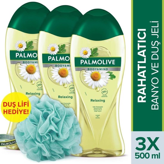 Palmolive Body & Mind Papatya Özü Ve Doğal Yağ İle Banyo Ve Duş Jeli 500 Ml X 3 Adet + Duş Lifi Hediye
