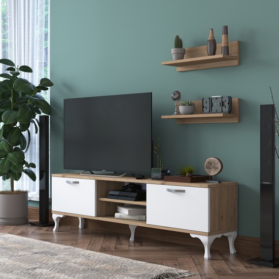 Rani A4 Duvar Raflı Tv Sehpası Kitaplıklı Tv Ünitesi Modern Ayaklı Tasarım 150 cm Sepet Ceviz - Beyaz