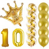 Bal10 Dünyası 10 Yaş Kral Taçlı Gold Konfetili Şeffaf Balon Seti