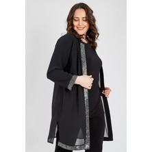 Ladies First Büyük Beden 3717 Siyah Gümüş Ceket+Bluz Ikili Takım