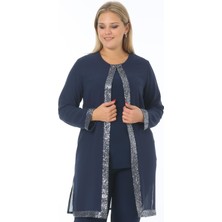 Ladies First Büyük Beden 3717 Lacivert Gümüş Ceket+Bluz Ikili Takım