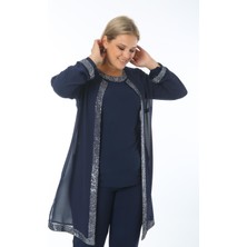 Ladies First Büyük Beden 3717 Lacivert Gümüş Ceket+Bluz Ikili Takım