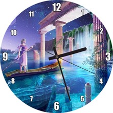 Cakatablo Sularla Kaplı Antik Sütunlar Sandal ve Kız Görseli Duvar Saati (Çap 30X30 Cm)