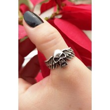 Fildişi Aksesuar Antik Gümüş Kaplama Kanatlı Kuru Kafa Şekilli El Yapımı Ayarlanabilir Erkek Yüzük