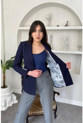 Glamsirius Lacivert Beyaz Düğme Detay Tek Düğmeli Ceket