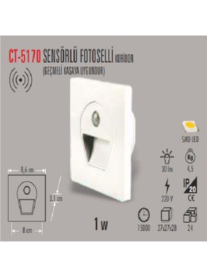 Cata Ct-5170 1W/6500K Sens.ledli Kor. Armatür (Beyaz)