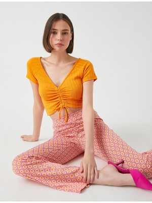 Koton Crop V Yaka Büzgülü Kısa Kollu Tişört