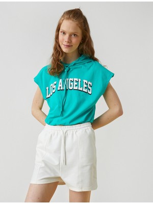 Koton Kadın Crop Kolsuz Baskılı Kapşonlu Tişört