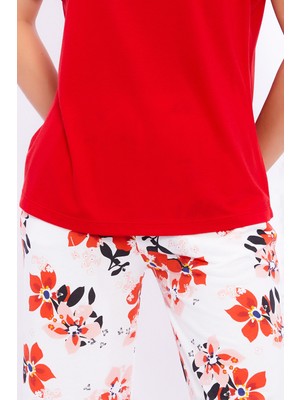 Arnetta Kadın Kırmızı Renk Omuz Detaylı Kısa Kol Uzun Pantolon Pijama Takımı