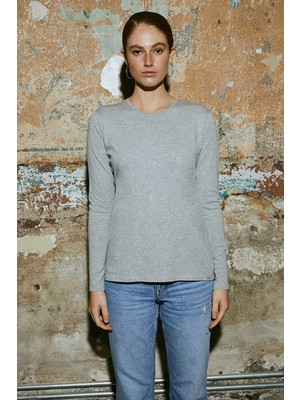 White And Simple Kadın Gri Uzun Kollu Bisiklet Yaka Organik Pamuk T-Shirt