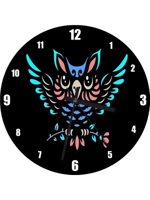 Cakatablo Neon Baykuş Siyah Arkaplan Duvar Saati (Çap 30X30 Cm)