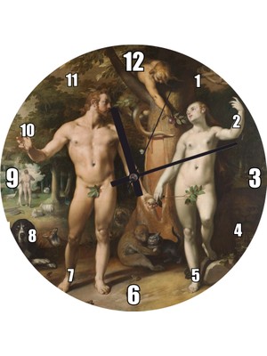 Cakatablo Adem ile Havva Yağlıboya Çizim Duvar Saati (Çap 30X30 Cm)