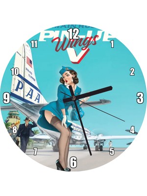 Cakatablo Amerikan Yolcu Uçağı ve Seksi Hostes Vintage Duvar Saati  (Çap 50X50 cm )