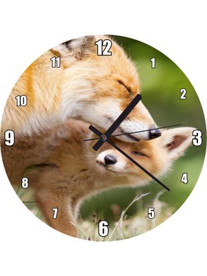 Cakatablo Anne ve Yavru Tilki Sevgi Duvar Saati (Çap 30X30 Cm)