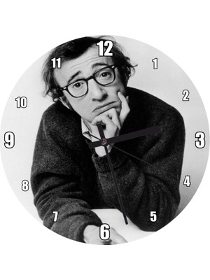 Cakatablo Woody Allen Eli Çenesinde Beyaz Fon Duvar Saati (Çap 30X30 Cm)