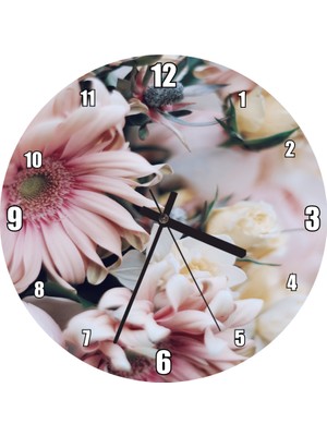 Cakatablo Pembe Karizantem Çiçeği ve Sarıgül Görseli Duvar Saati (Çap 30X30 Cm)