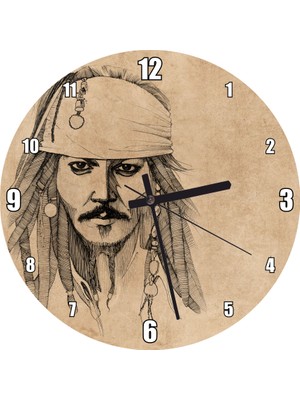 Cakatablo Kaptan Jack Sparrow Karakalem Portre Duvar Saati (Çap 50X50 cm )