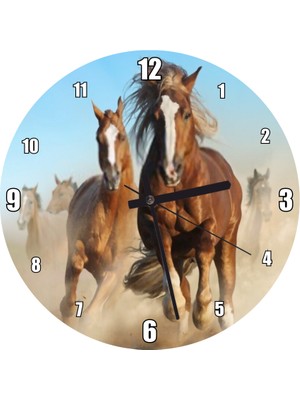 Cakatablo Tozlu Zeminde Koşan Kahve Rengi Atlar Duvar Saati  (Çap 50X50 cm )