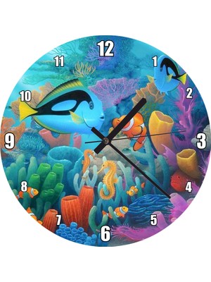 Cakatablo Doğal Ortamında Tropikal Balıklar ve Mercanlar Duvar Saati (Çap 30X30 Cm)