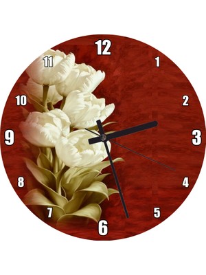 Cakatablo Beyaz Çiçekler Kırmızı Arkaplan Duvar Saati  (Çap 50X50 cm )