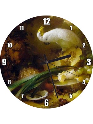 Cakatablo Beyaz Papağan ve Taze Meyveler Duvar Saati (Çap 50X50 cm )