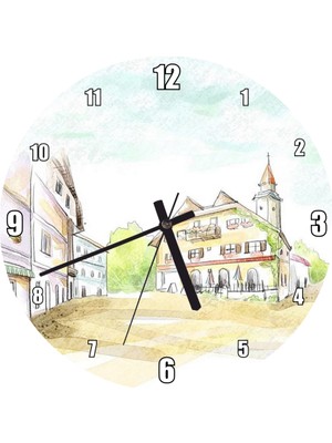 Cakatablo Avrupa Kasabası Kilise ve Binalar Çizim Duvar Saati (Çap 50X50 cm )