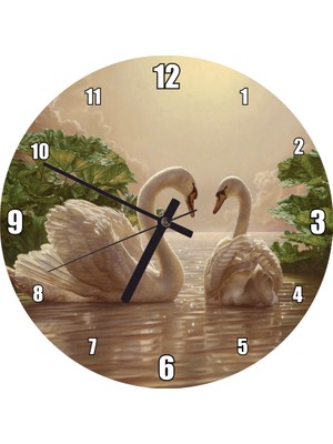 Cakatablo Altın Rengi Sularda Beyaz Kuğu Çifti Duvar Saati (Çap 50X50 cm )