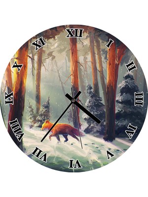 Cakatablo Karlı Ormanda Tilki Duvar Saati (Çap 50X50 cm )