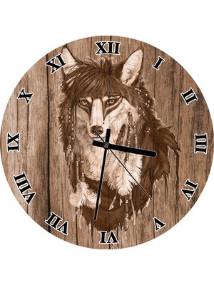 Cakatablo Kızılderili Figürlü Kurt Ahşap Zeminde Duvar Saati (Çap 50X50 cm )