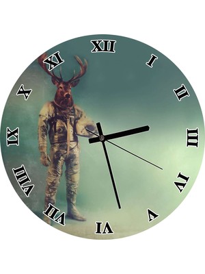 Cakatablo Ren Geyik Başlıklı Astronot Duvar Saati (Çap 50X50 cm )