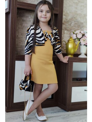 Riccotarz Kız Çocuk Zebra Bolerolu Önü Fiyonklu ve Çantalı Hardal Elbise
