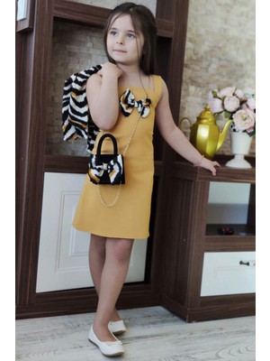 Riccotarz Kız Çocuk Zebra Bolerolu Önü Fiyonklu ve Çantalı Hardal Elbise