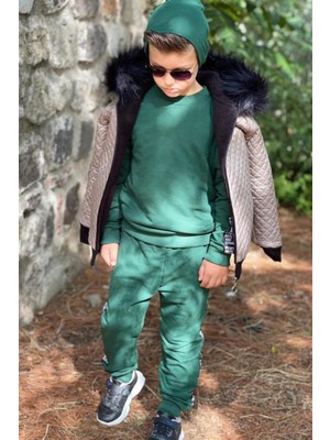 Riccotarz Erkek Çocuk New Içi Kürk Montlu ve Bereli Şerit Detaylı Yeşil Eşofman Takım