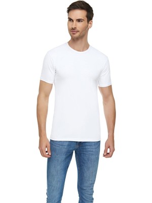 3'lü Beyaz Erkek Regular Fit Likralı Erkek Tshirt