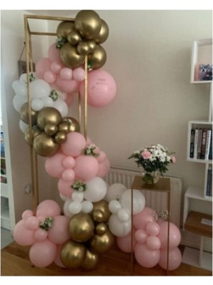 Bal10 Dünyası Pastel Pembe - Beyaz ve Krom Gold Balon Zincir Seti 100 Adet