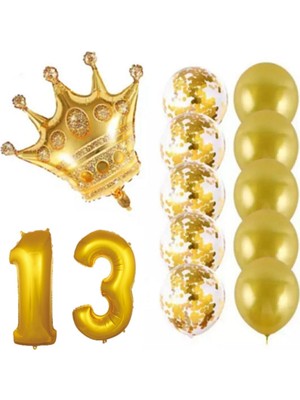 Bal10 Dünyası 13 Yaş Kral Taçlı Gold Konfetili Şeffaf Balon Seti