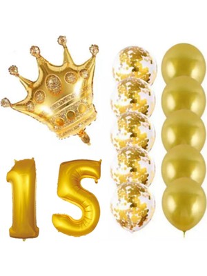 Bal10 Dünyası 15 Yaş Kral Taçlı Gold Konfetili Şeffaf Balon Seti