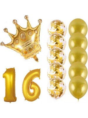 Bal10 Dünyası 16 Yaş Kral Taçlı Gold Konfetili Şeffaf Balon Seti