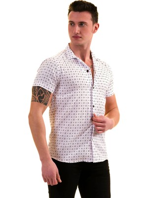 Exve Exclusive Beyaz Siyah Çiçek Desen Baskılı Pamuk Nefes Alan Slim Fit Kısa Kollu Erkek Gömlek