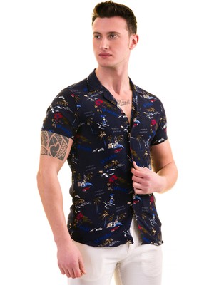 Exve Exclusive Lacivert Mavi Kırmızı Baskılı Havana Temalı Nefes Alan Slim Fit Kısa Kollu Erkek Gömlek