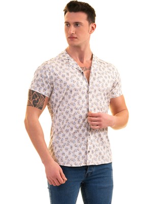 Exve Exclusive Bej Kahverengi Mavi Çiçek Baskılı Doğal Viskon Nefes Alan Slim Fit Kısa Kollu Erkek Gömlek