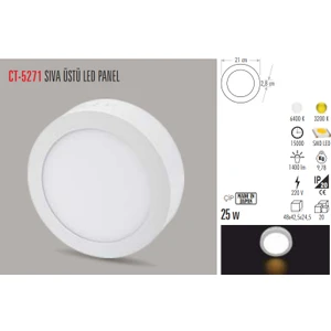 Ct-5271 25W/6400K Alm. S.ü LED Armatür Yuvarlak (Beyaz)