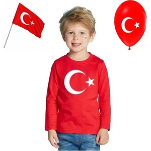 Bayrak Baskılı Uzun Kollu 23 Nisan 19 Mayıs 30 Ağustos 10 Kasım Süper Kalite Unisex Çocuk T-Shirt