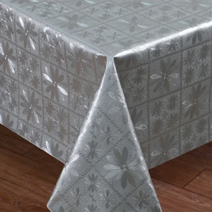 Elyaf Astarlı Pvc Masa Örtüsü Silinebilir Sıvı Geçirmez Leke Tutmaz Çiçekli Gümüş Gri